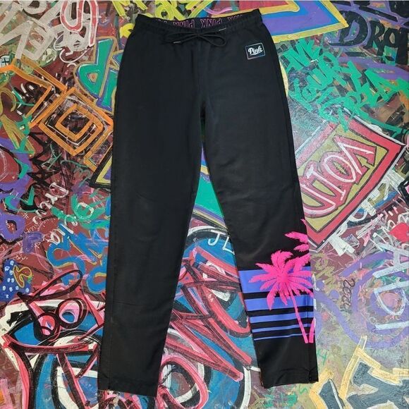 Victoria's Secret PINK joggers - black with neon pink palm tree design, size: S - Picture 1 of 10